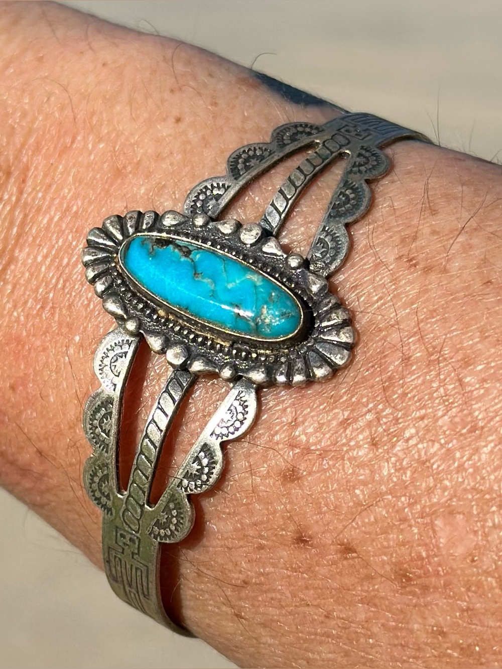 Stamped Native Turquoise Cuff Bracelet